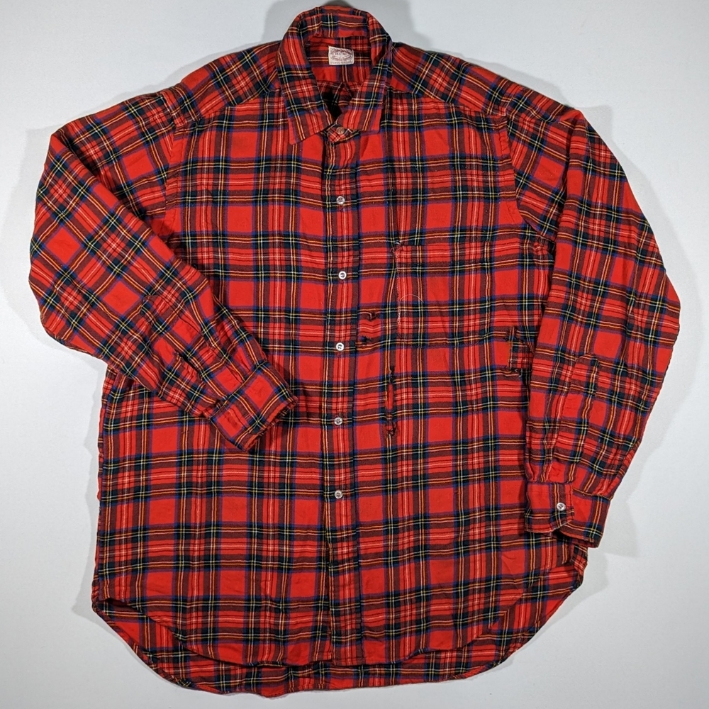 Vintage 60s Brooks Brothers Wool Blend Flannel Shirt Men's Large Plaid Red